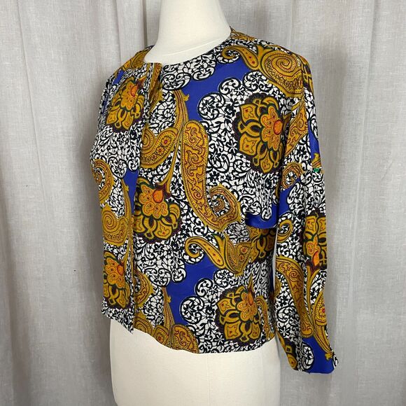 Vintage Blouse Size 6 Gold Purple Paisley Art Print Secretary Button Boho 90s - Picture 5 of 13